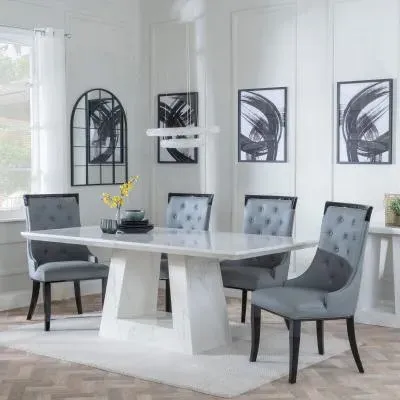 Milan Carmela Dining Set - White Marble, Grey Leather