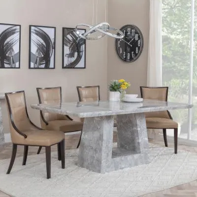 Milan Dining Set - Grey Marble, Taupe Leather