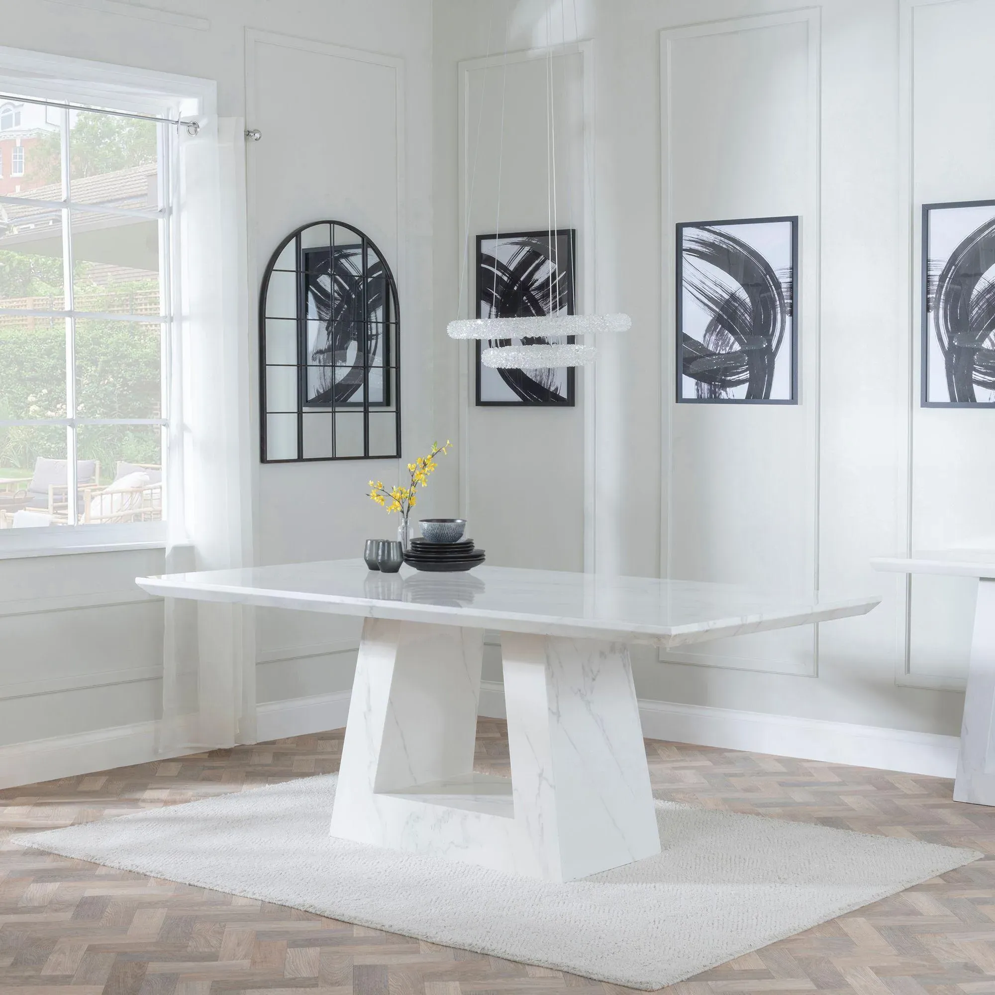 Milan Dining Set - White Marble, Brown Leather