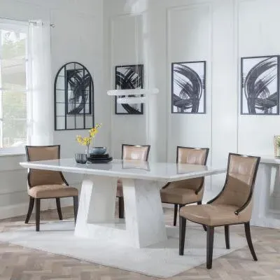 Milan Dining Set - White Marble, Taupe Leather