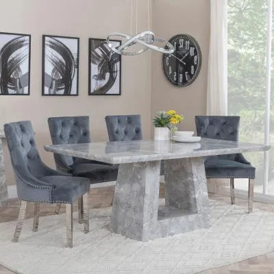 Milan Dining Set with Knocker Back Chairs - Grey, Marble