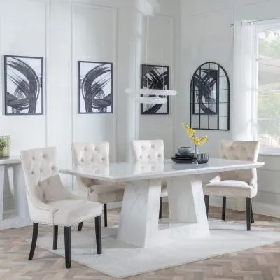 Milan Dining Set with Knocker Back Chairs - White, Marble