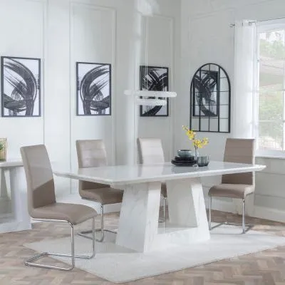 Milan White Marble Dining Set with Roma Chairs - Beige