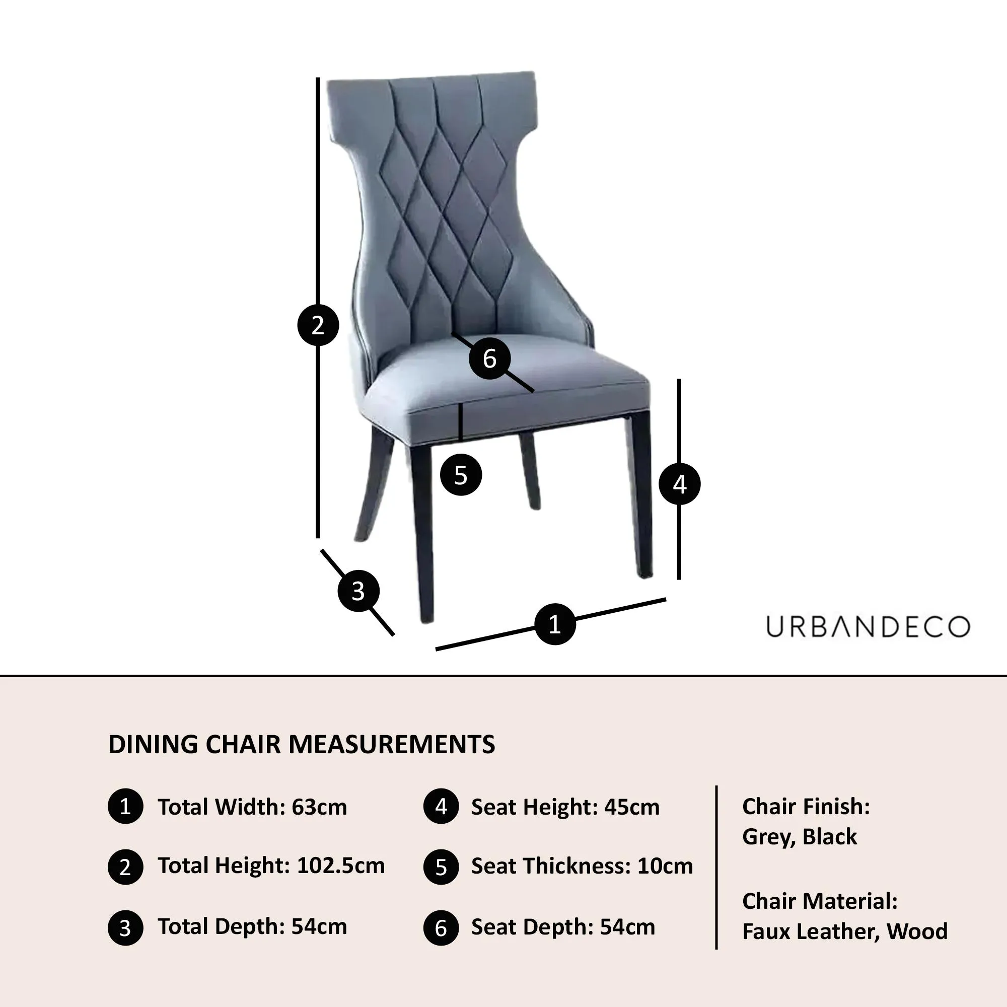 Mimi Large High Back Dining Chair - Grey, Faux Leather