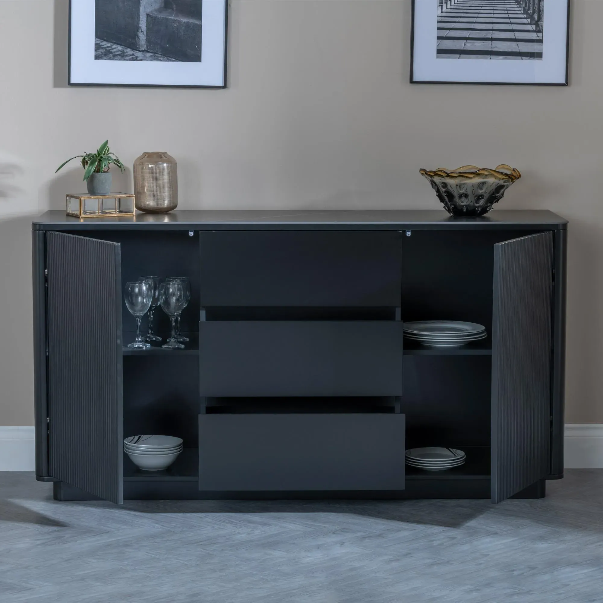 Morgan 2 Door Fluted Large Sideboard - Black, Ceramic