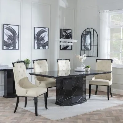 Naples Carmela Dining Set - Black Marble, Cream Leather