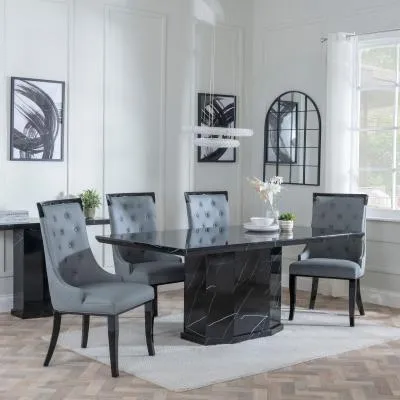 Naples Carmela Dining Set - Black Marble, Grey Leather