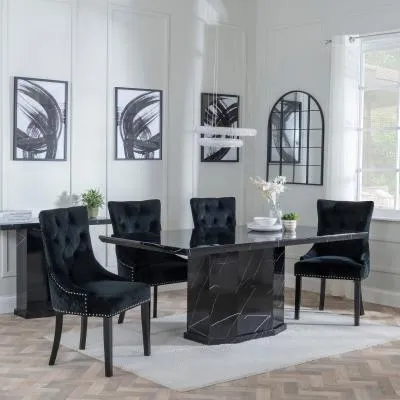 Naples Dining Set with Lion Knocker Chairs - Black, Marble