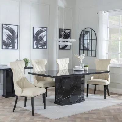 Naples Dining Set with Mimi Chairs - Black Marble, Cream Leather