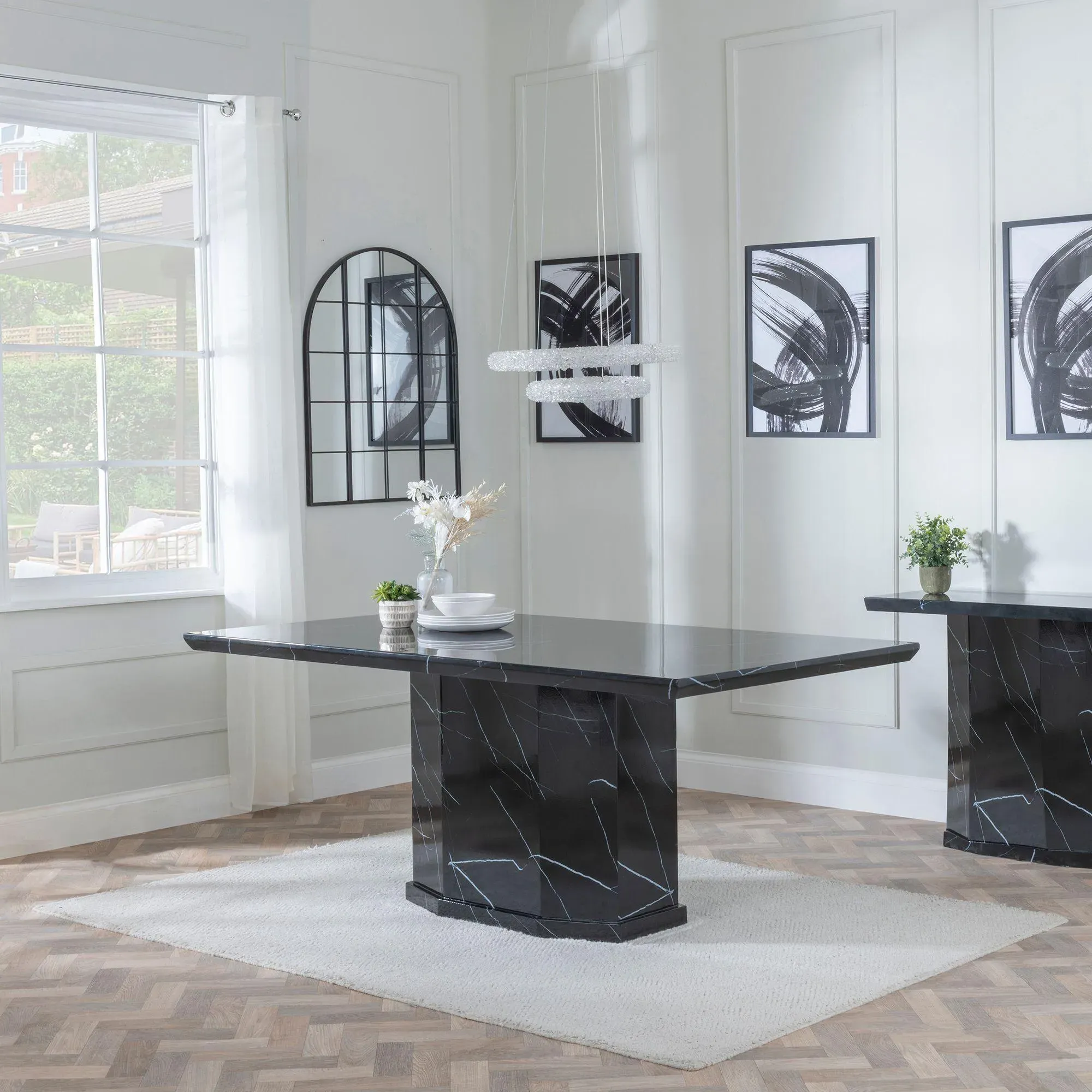 Naples Dining Set with Mimi Chairs - Black Marble, Grey Leather