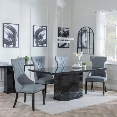 Naples Dining Set with Mimi Chairs - Black Marble, Grey Leather