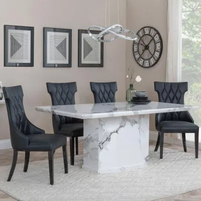 Naples Dining Set with Mimi Chairs - White Marble, Black Leather