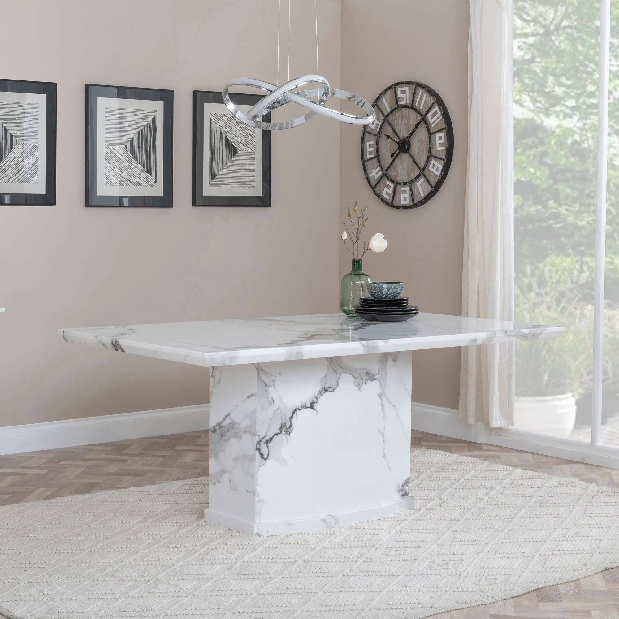 Naples Dining Set with Mimi Chairs - White Marble, Cream Leather