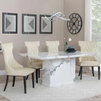 Naples Dining Set with Mimi Chairs - White Marble, Cream Leather