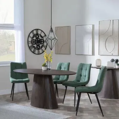 Palma Oval Dining Set with Corona Chair - Walnut, Green Fabric