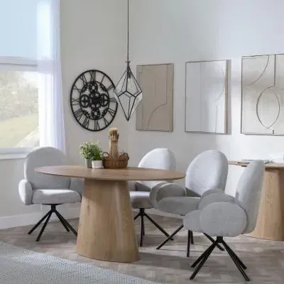 Palma Oval Dining Set with Theo Swivel Chair - Oak, Grey Fabric