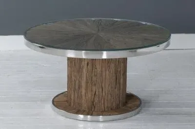Railway Sleeper Round Coffee Table with Glass Top - Reclaimed Wood image