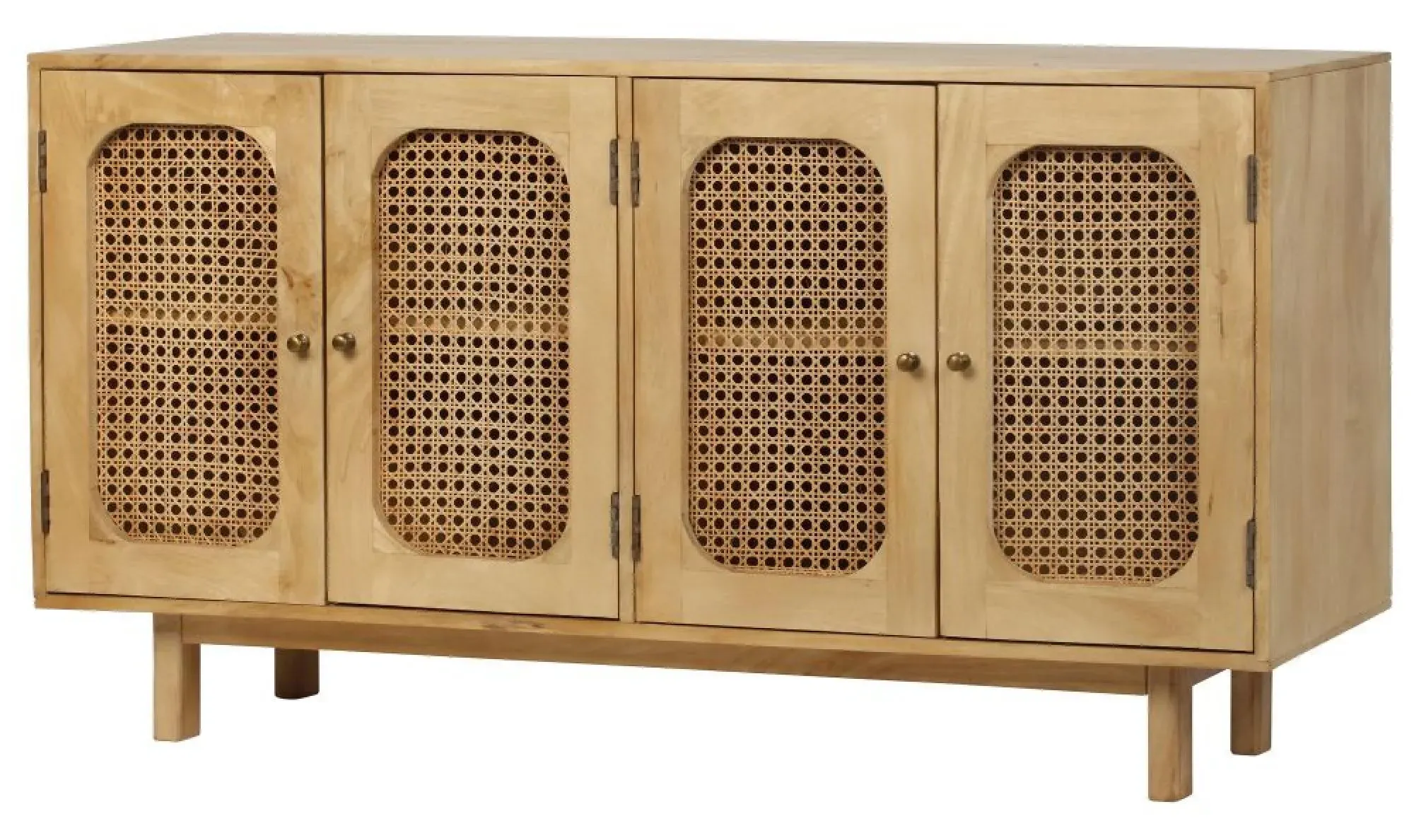 Retro 4-Door Sideboard - Natural, Wood and Rattan
