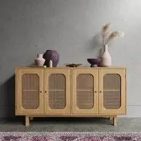 Retro 4-Door Sideboard - Natural, Wood and Rattan