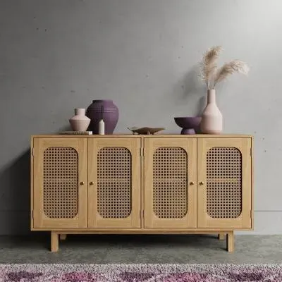 Retro 4-Door Sideboard - Natural, Wood and Rattan image