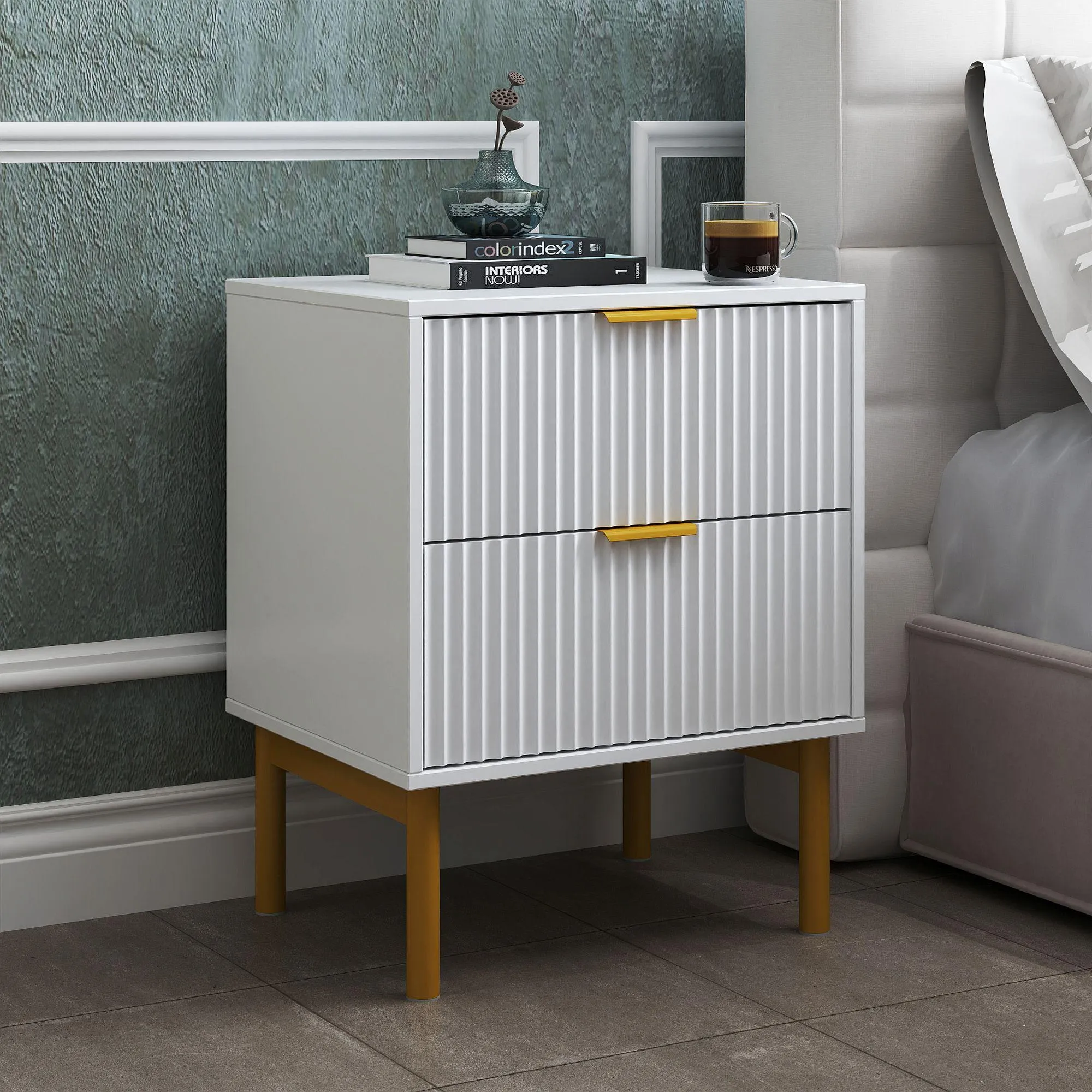 Ridged 2 Drawer Bedside Table - White, Gold
