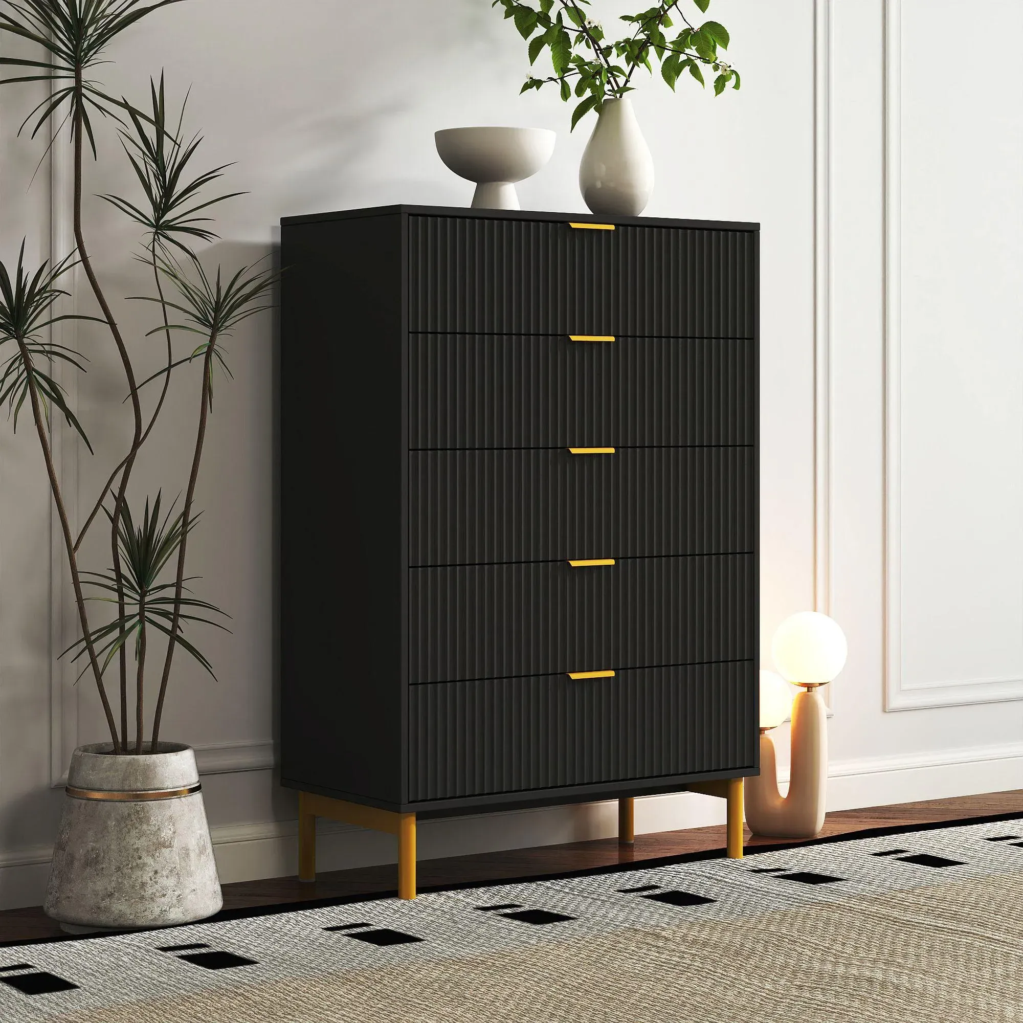 Ridged 5 Drawer Chest - Black, MDF