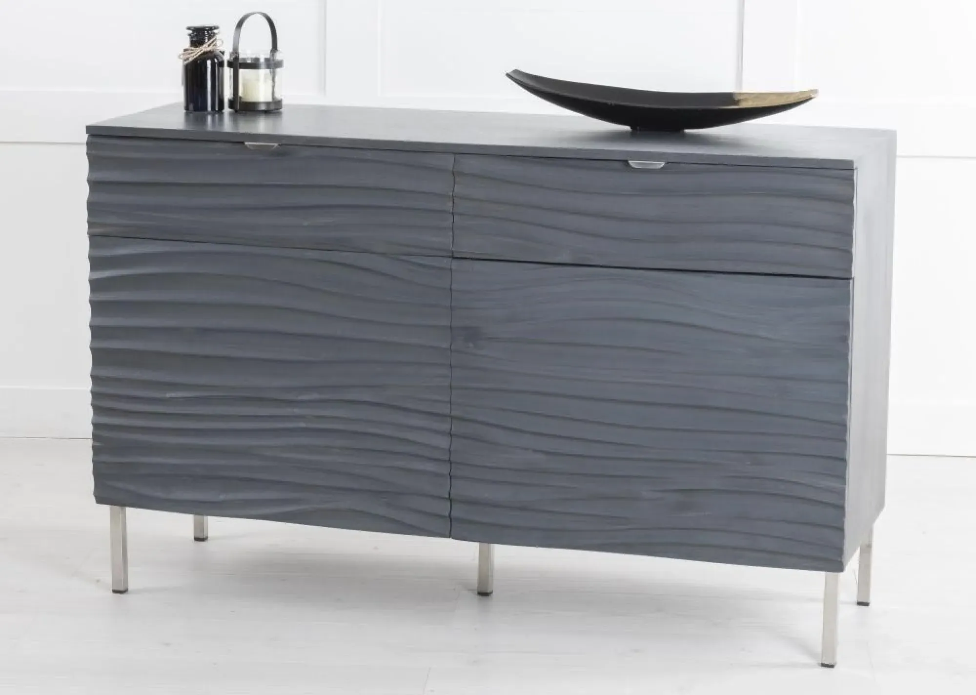 Ripple Wave Small Sideboard with Geometric Trim - Grey, Mango Wood