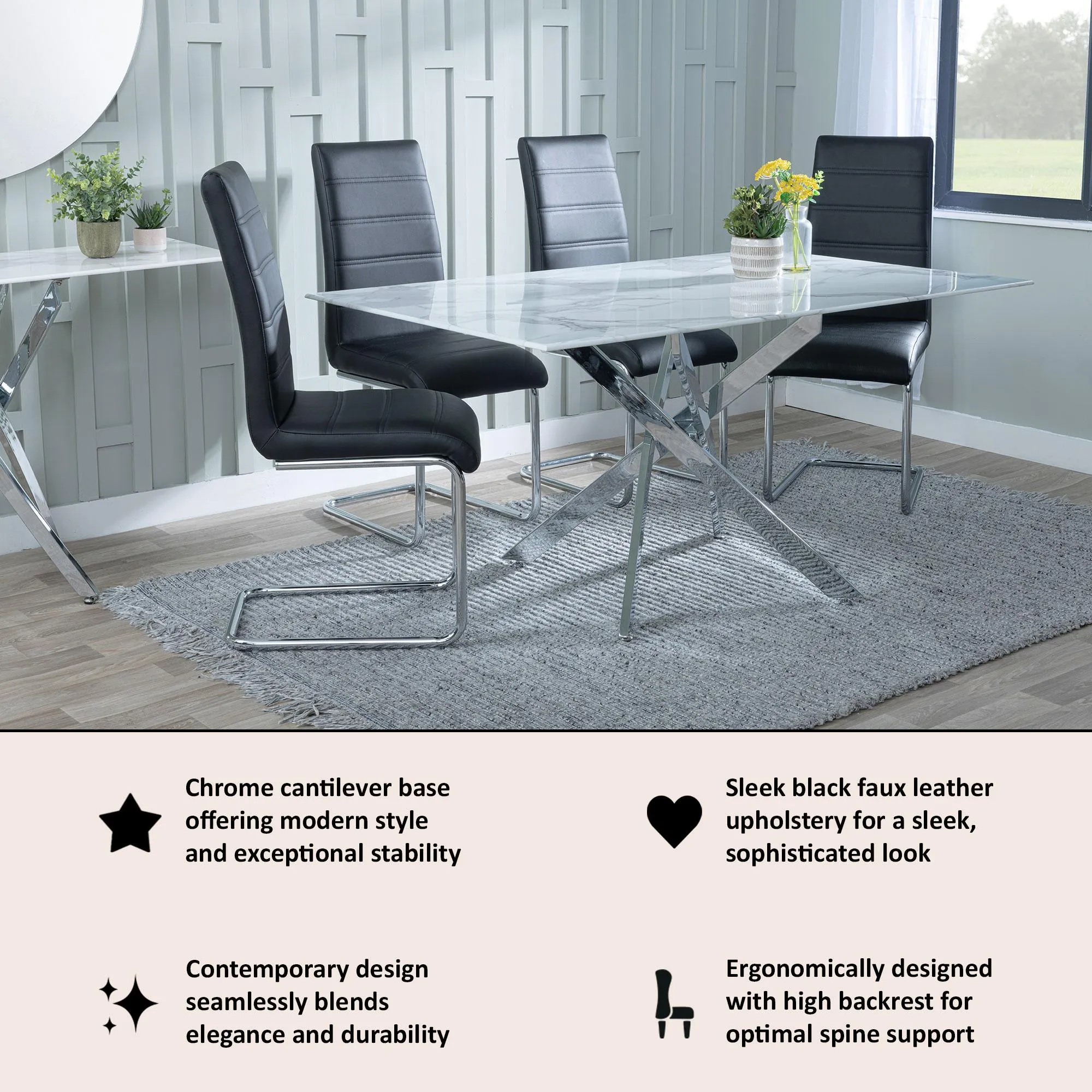 Roma Cantilever Dining Chair - Black, Faux Leather