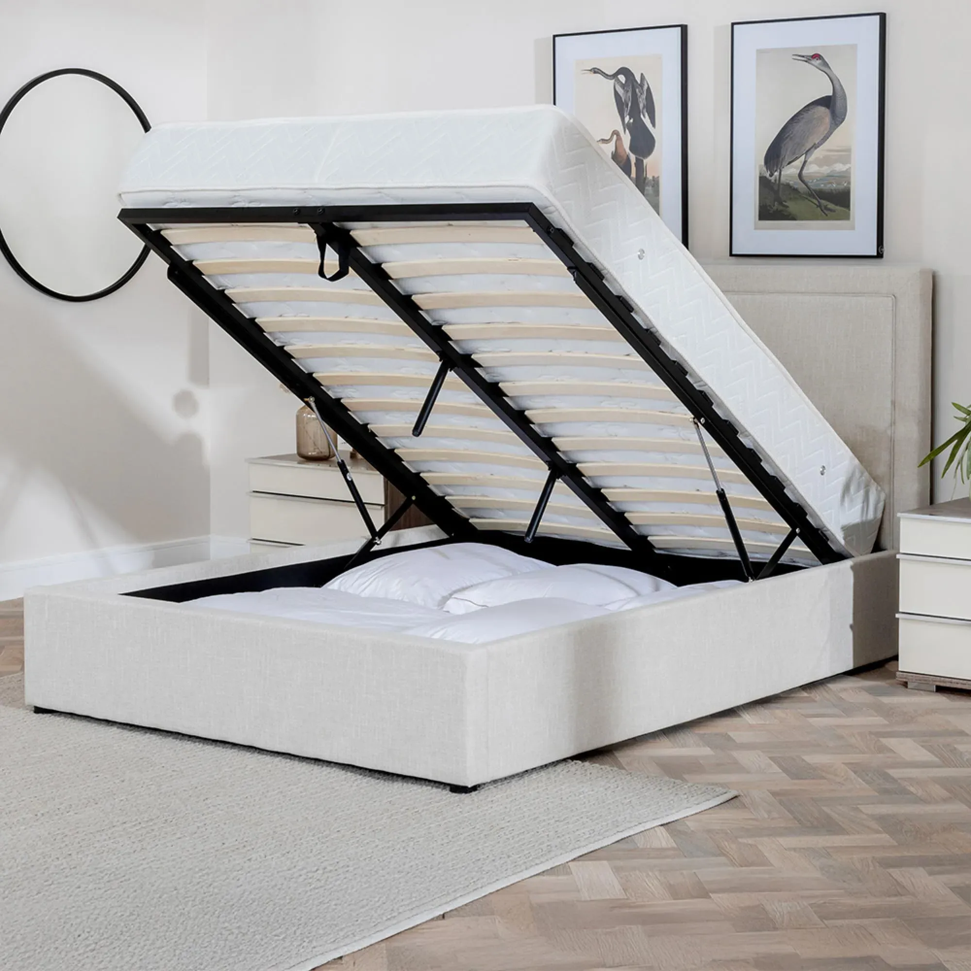 Sutton King Size Ottoman Storage Bed - Natural, Fabric