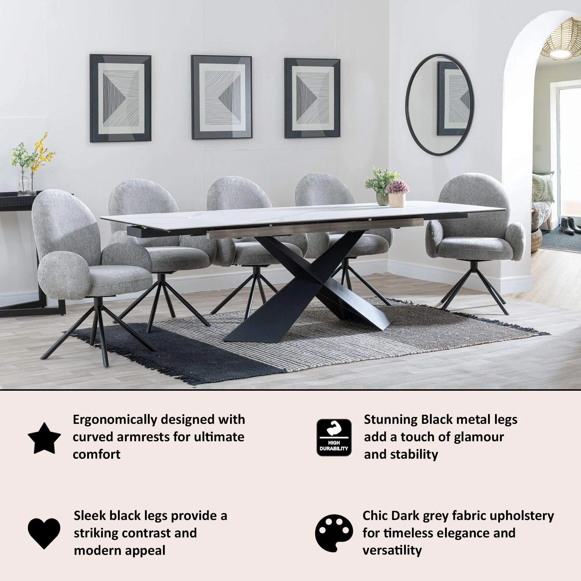 Theo Swivel Dining Armchair - Dark Grey, Fabric