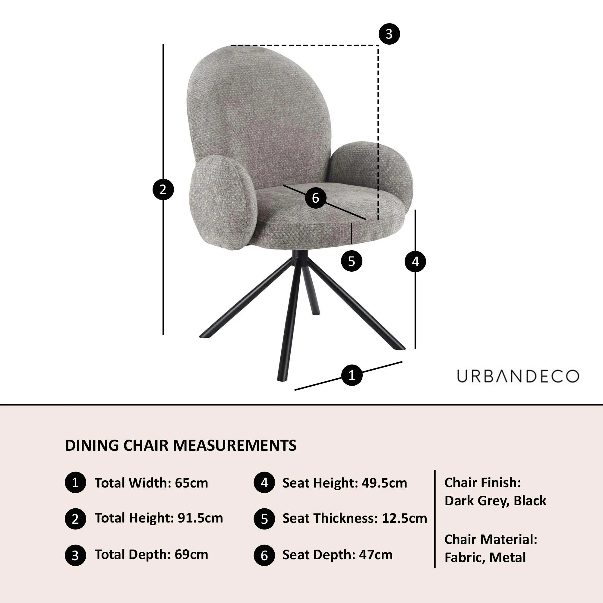 Theo Swivel Dining Armchair - Dark Grey, Fabric