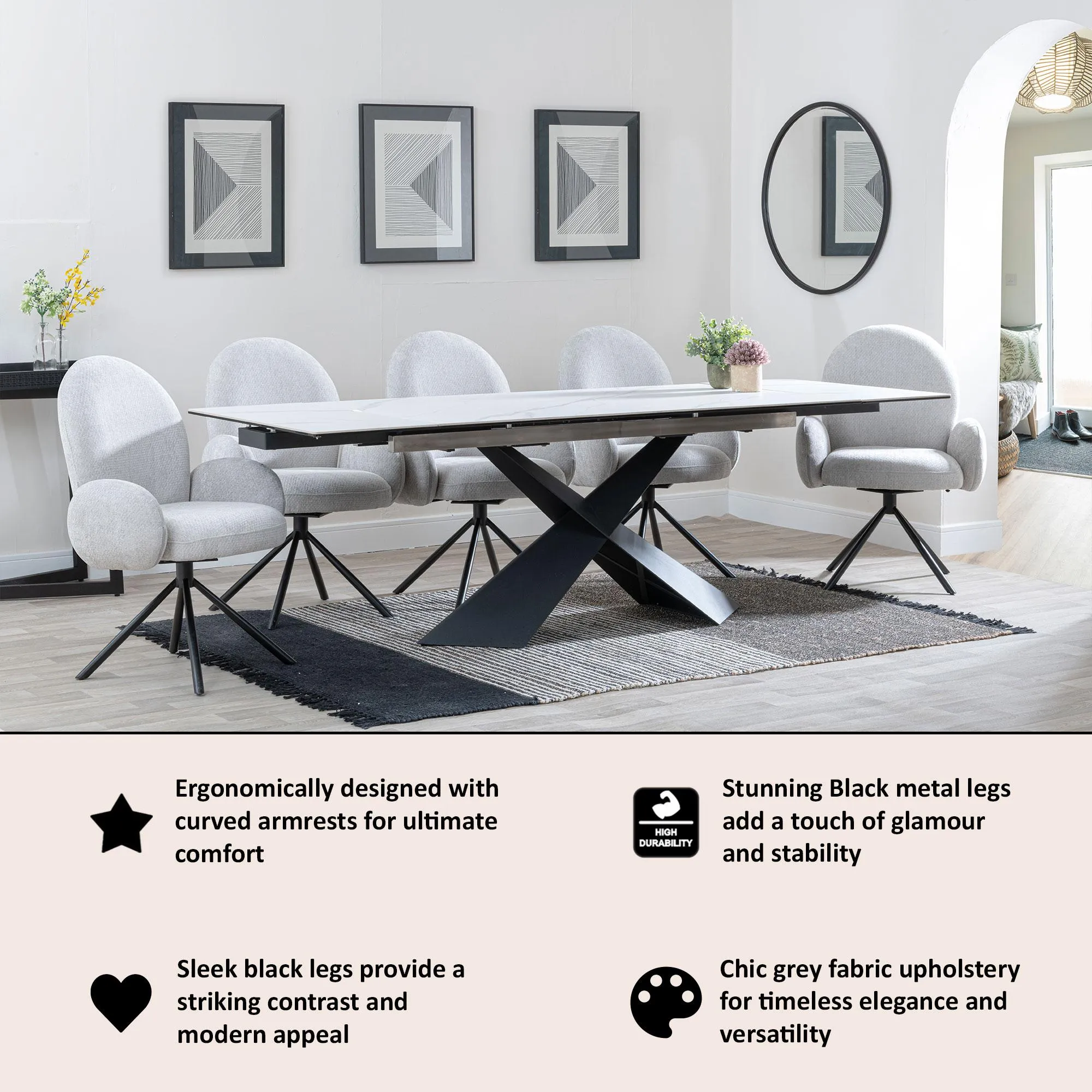 Theo Swivel Dining Armchair - Grey, Fabric