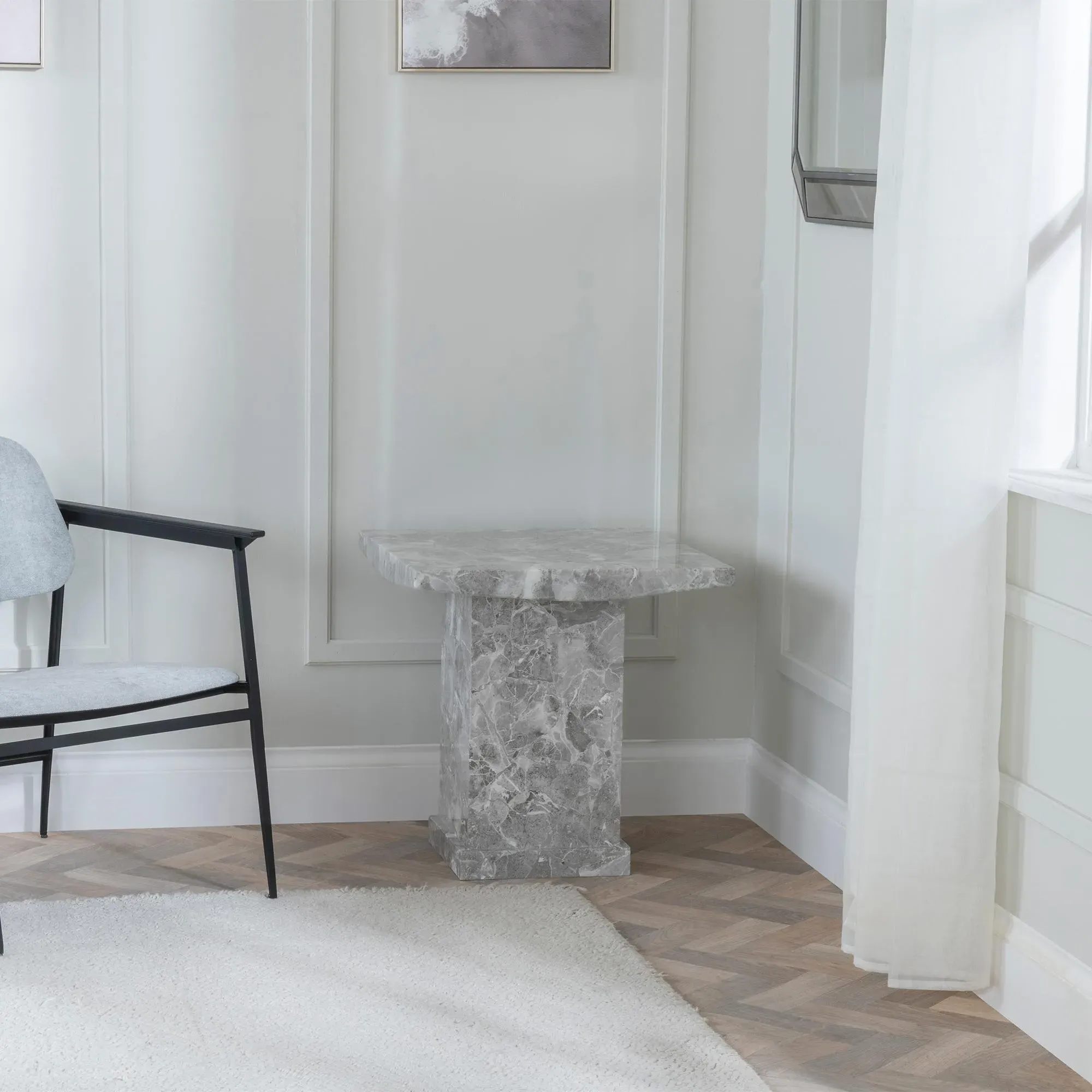 Turin Square Lamp Table - Grey, Engineered Marble