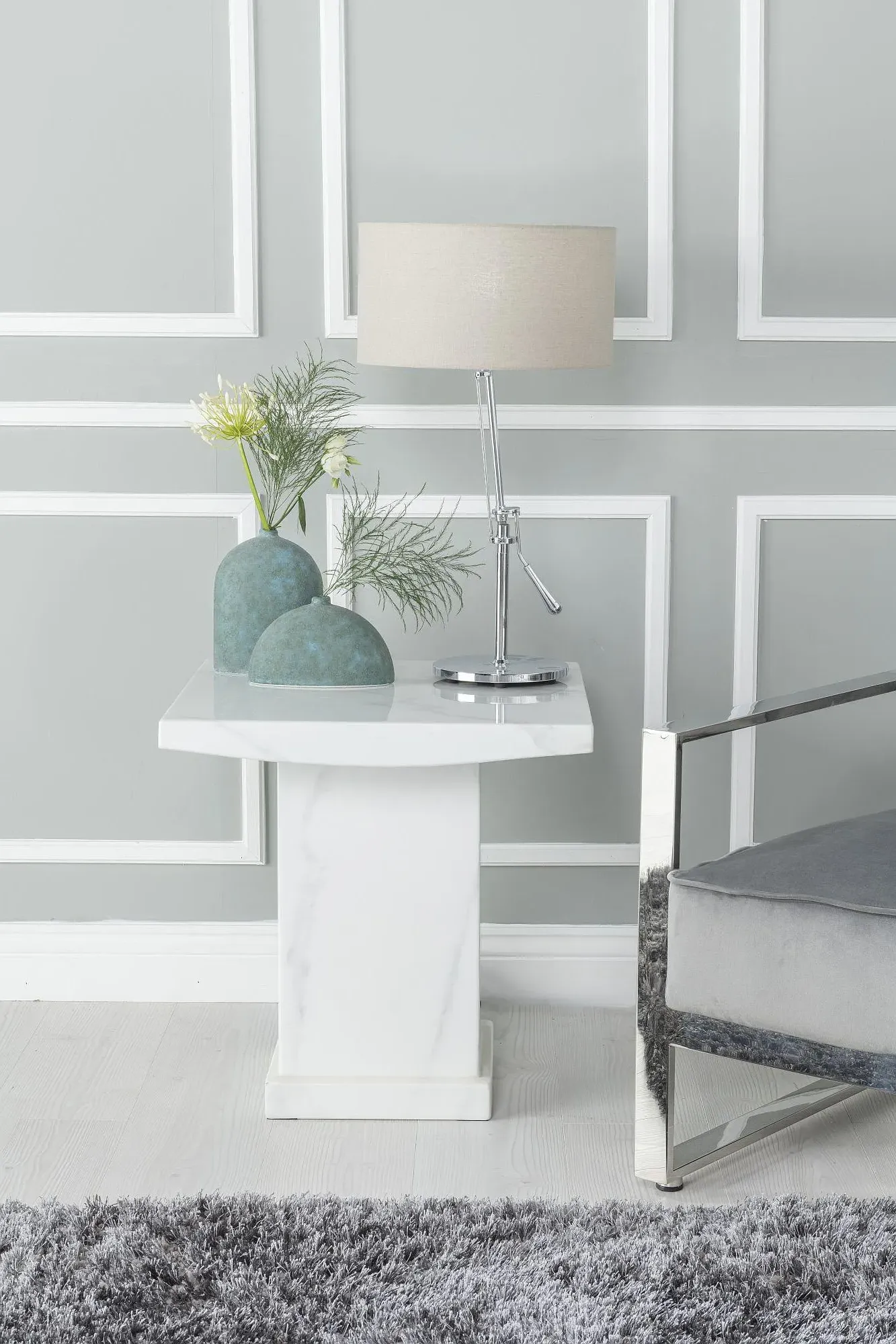 Turin Square Lamp Table - White, Engineered Marble