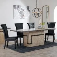Venice Cadiz Dining Set - Cream Marble, Black Leather