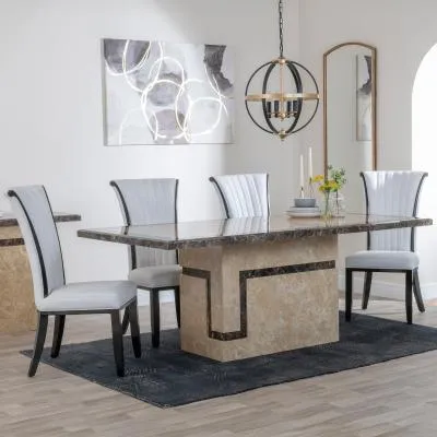 Venice Cadiz Dining Set - Cream Marble, White Leather