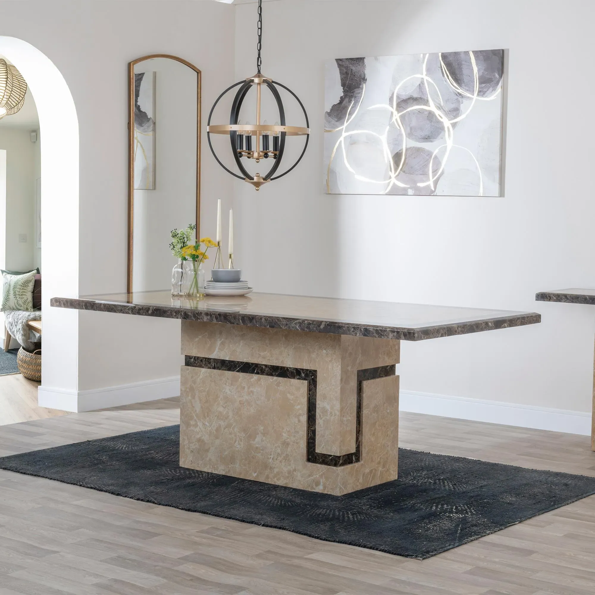 Venice Cream Marble Dining Set - Black, Velvet