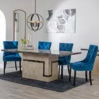 Venice Cream Marble Dining Set - Blue, Velvet