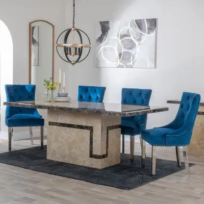 Venice Cream Marble Dining Set - Blue, Velvet