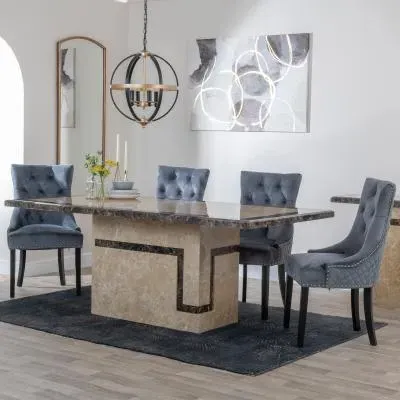 Venice Cream Marble Dining Set - Grey, Velvet