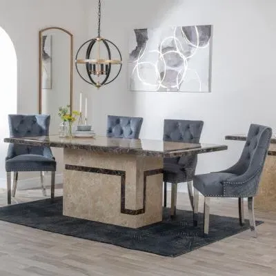 Venice Cream Marble Dining Set - Grey, Velvet