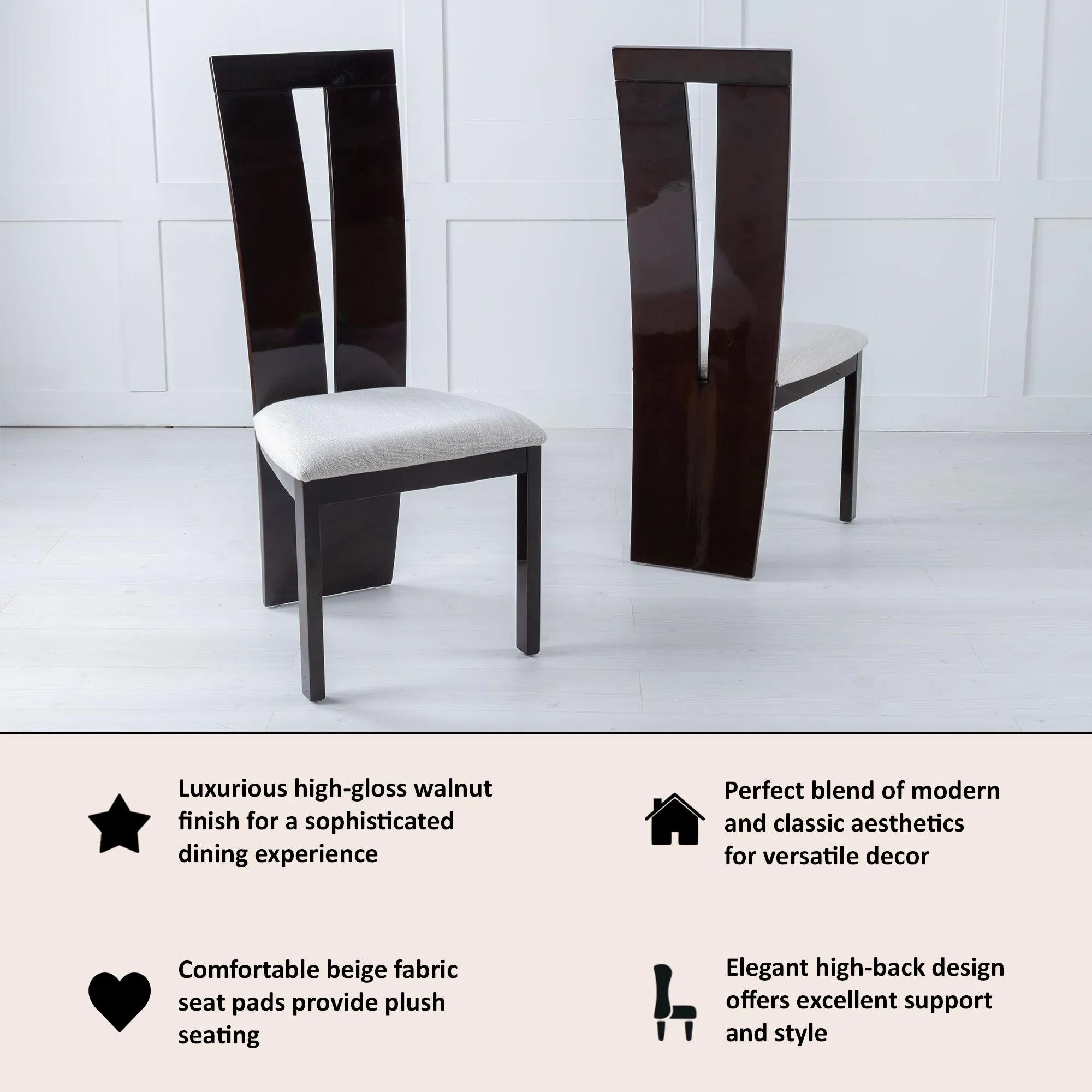Vienna High Back Dining Chair - Walnut, High Gloss