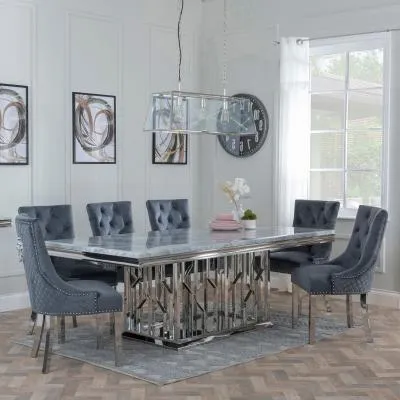 Vortex Dining Set with Lion Knocker Chairs - Grey, Marble