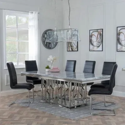 Vortex Grey Marble Dining Set with Roma Chairs - Black