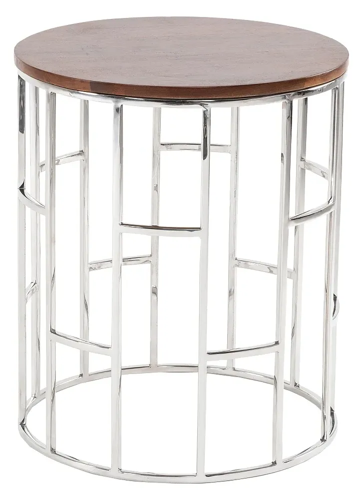 Zion Round Side Table - Chrome, Mango Wood