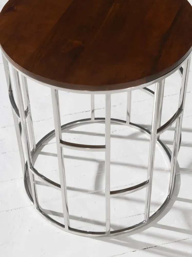 Zion Round Side Table - Chrome, Mango Wood