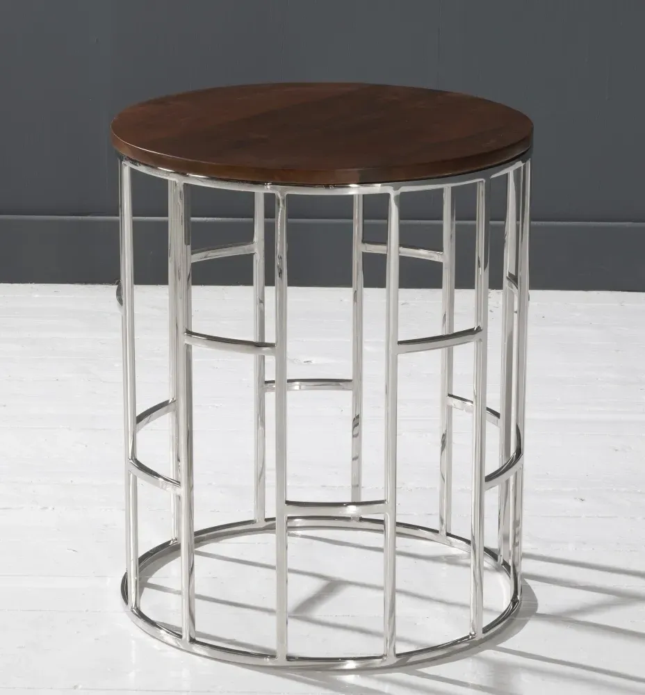 Zion Round Side Table - Chrome, Mango Wood