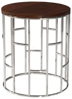 Zion Round Side Table - Chrome, Mango Wood