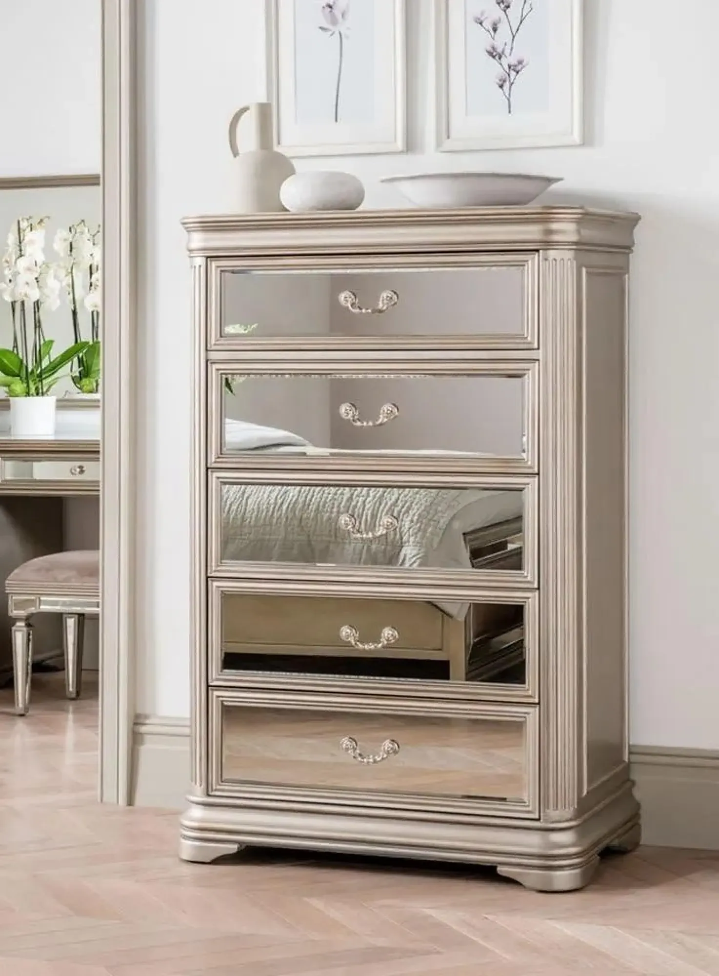 Jessica 5 Drawer Tall Chest - Champagne, Mirrored