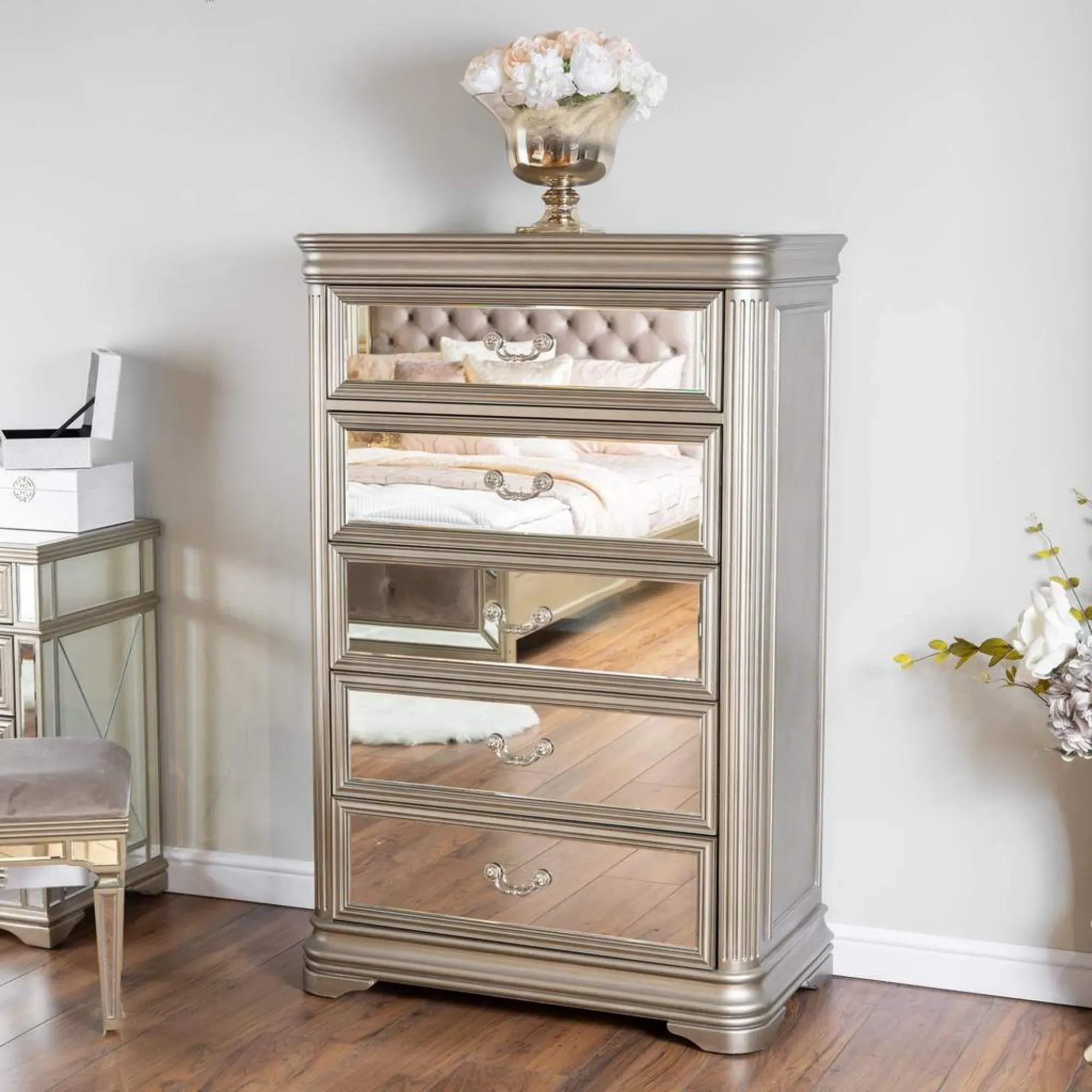 Jessica 5 Drawer Tall Chest - Champagne, Mirrored
